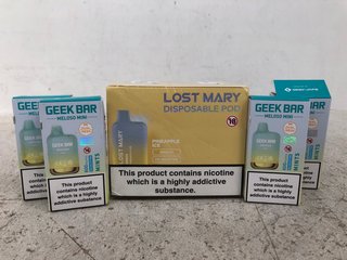 5 X ASSORTED VAPE ITEMS TO INCLUDE PACK OF LOST MARY PINEAPPLE ICE 600 PUFF DISPOSABLE VAPE BARS BB: 10/24 (PLEASE NOTE: 18+YEARS ONLY. ID MAY BE REQUIRED): LOCATION - G3
