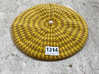 BELLEMERE DOGTOOTH PEARLED CASHMERE BERET IN GOLD/YELLOW RRP £164: LOCATION - AR9