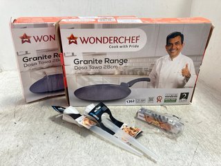 4 X ITEMS TO INCLUDE 2 X WONDERCHEF 28CM GRANITE FRYING PANS TO ALSO INCLUDE A BASTER & TEASPOONS: LOCATION - AR11