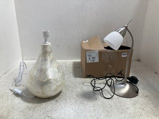 2 X ASSORTED ITEMS TO INCLUDE MOTHER OF PEARL TABLE LAMP BASE, GREY WITH OPAL ROUND SHADE TABLE/WALL LIGHT & TOUCH TASK LAMP: LOCATION - BR13