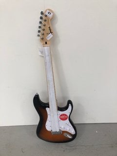 SQUIER STRATOCASTER ELECTRIC GUITAR IN BLACK/BROWN WOOD RRP £160: LOCATION - B1