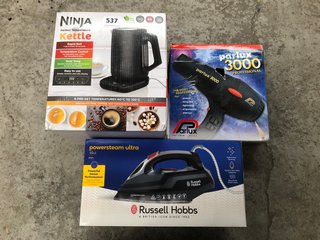 3 X ITEMS TO INCLUDE NINJA KETTLE, PARLUX 3000 HAIR DRYER & RUSSELL HOBBS POWERSTEAM ULTRA: LOCATION - R8