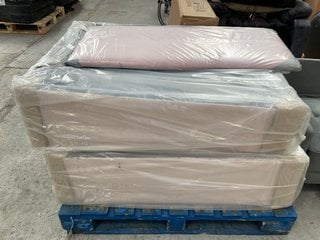 DOUBLE BED DIVAN BASE IN BABY PINK FABRIC WITH MATCHING BABY PINK HEADBOARD: LOCATION - A2
