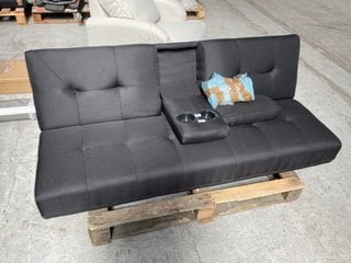 BLACK 2 SEATER SOFA WITH CENTRE ARM REST & DRINKS HOLDERS: LOCATION - A4