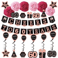 13 X HAPPY 60TH BIRTHDAY DECORATIONS FOR WOMEN, CHEERS TO 60 YEARS ROSE GOLD GLITTER BANNER FOR WOMEN, 6 PAPER POMS, 6 HANGING SWIRL, 7 DECORATIONS STICKERS. 60 YEARS OLD PARTY SUPPLIES GIFTS FOR WOM
