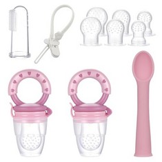 8 X BABY FRUIT FEEDER - 2 BABY FOOD FEEDER + 6 BPA FREE SILICONE TEATS FROM KIDS 3-24 MONTHS + SPOON + PACIFIER CLIP - FRUIT FEEDER FOR BABIES AIDS IN FOOD DIVERSIFICATION - BABY FEEDER SOOTHES THE G
