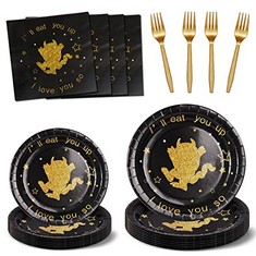 QTY OF ITEMS TO INCLUDE 96 PIECES BLACK GOLD THEME KIDS PARTY SET: LOCATION - B