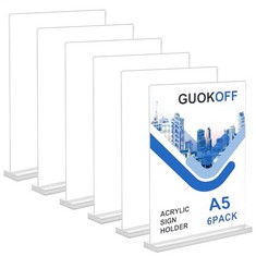 5 X GUO OFF ACRYLIC SIGN HOLDER A5, 6 PACK SIGN HOLDER, POSTER MENU HOLDER A5 DISPLAY STAND, T- SHAPE DOUBLE SIDED PLASTIC CLEAR SIGN HOLDER FOR STORE, RESTAURANT, BAR - TOTAL RRP £100: LOCATION - B