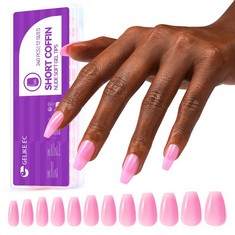 36 X GELIKE EC 240PCS PINK COLORED FAKE NAILS PRESS ON NAILS, SHORT COFFIN 4 IN 1 X-COAT TIPS WITH TOP PRIMER COVER - ONE STEP GEL X NAIL TIPS IN 12 SIZES FOR NAIL EXTENSIONS SALON HOME DIY - TOTAL R