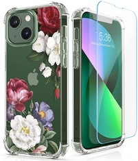 13 X LL-FACTOR ROSE PARROT [5 IN 1] IPHONE 13/IPHONE 14 CASE WITH SCREEN PROTECTOR + RING HOLDER + WATERPROOF POUCH, CLEAR WITH FLORAL PATTERN DESIGN, SOFT FLEXIBLE BUMPER SHOCKPROOF PROTECTIVE COVER