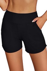 QTY OF CLOTHING TO INCLUDE WOMANS HIGH WAISTED SWIM BOARD SHORTS BLACK SMALL: LOCATION - C