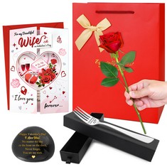 16 X DPKOW VALENTINE GIFTS FOR HER WIFE, VALENTINES CARD + I LOVE YOU FORK + BLACK POLISHED YOU ARE MY ROCK ENGRAVED PEBBLE + ARTIFICIAL RED ROSE + GIFT BAG, WIFE BIRTHDAY ANNIVERSARY GIFTS FOR HER F