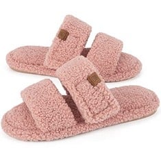 16 X FAMILYFAIRY WOMEN'S FLUFFY SLIPPERS OPEN TOE SLIPPERS LADIES, MEMORY FOAM FURRY COZY PLUSH HOME SHOES, WIDE FIT SOFT FUZZY SLIDERS FLEECE LINING AND RUBBER SOLE - TOTAL RRP £133: LOCATION - D