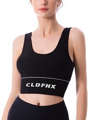 21 X CLDX SPORTS BRA FOR WOMEN SEAMLESS WIREFREE MEDIUM IMPACT SUPPORT PADDED U-SHAPE LONGLINE CROP TOPS FOR YOGA FITNESS CASUAL WEAR, BLACK, S - TOTAL RRP £263: LOCATION - D