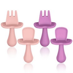 45 X VICLOON BABY FORK AND SPOON SET, 4PCS INFANT SILICONE SELF FEEDING UTENSIL EASY GRIP TODDLER CUTLERY KIT, BABY WEANING AND FEEDING SPOONS FOR INFANT CHILDREN FIRST LED TRAINING WEANING(PINK-PURP