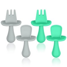 45 X VICLOON BABY FORK AND SPOON SET, 4PCS INFANT SILICONE SELF FEEDING UTENSIL EASY GRIP TODDLER CUTLERY KIT, BABY WEANING AND FEEDING SPOONS FOR INFANT CHILDREN FIRST LED TRAINING WEANING(GREY-GREE