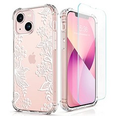 33 X LL-FACTOR ROSE PARROT [5 IN 1] IPHONE 13/IPHONE 14 CASE WITH SCREEN PROTECTOR + RING HOLDER + WATERPROOF POUCH, CLEAR WITH FLORAL PATTERN DESIGN, SOFT FLEXIBLE BUMPER SHOCKPROOF PROTECTIVE COVER
