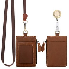 16 X WONDERPOOL LEATHER ID BADGE HOLDER WITH ZIPPER WALLET POUCH - CARD SLOTS CASE DETACHABLE NECK LANYARD AND RETRACTABLE BADGE REEL FOR OFFICE SCHOOL HOSPITAL EXHIBITION ID (LIGHT BROWN) - TOTAL RR