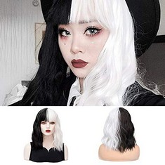 19 X HALF WHITE BLACK WIG SHORT CURLY WAVY BANGS WIG SYNTHETIC WOMENS HAIR WIG FANCY DRESS LADIES WIGS HALLOWEEN COSPLAY PARTY - TOTAL RRP £285: LOCATION - D