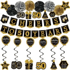 25 X HAPPY 50TH BIRTHDAY DECORATIONS FOR WOMEN, CHEERS TO 50 YEARS ROSE GOLD GLITTER BANNER FOR WOMEN, 6 PAPER POMS, 6 HANGING SWIRL, 7 DECORATIONS STICKERS. 50 YEARS OLD PARTY SUPPLIES GIFTS FOR WOM