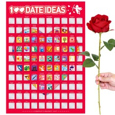 21 X DPKOW VALENTINES GIFTS FOR HER HIM, 100 DATES SCRATCH OFF POSTER WITH ARTIFICIAL SINGLE RED ROSE, COUPLES TO DO BUCKET LIST 100 DATES SCRATCHABLE POSTER CHRISTMAS VALENTINES DAY GIFT, WITH BOX S