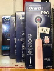 QTY OF ITEMS TO INCLUDE ORAL-B PRO 3 ELECTRIC TOOTHBRUSHES FOR ADULTS, GIFTS FOR WOMEN / MEN, 1 3D WHITE TOOTHBRUSH HEAD, 3 MODES WITH TEETH WHITENING, 2 PIN UK PLUG, 3000, PINK: LOCATION - A RACK