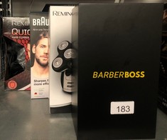 QTY OF ITEMS TO INCLUDE BARBERBOSS CORDLESS SELF-SHARPENING BEARD & HAIR TRIMMER - WATERPROOF WITH CERAMIC BLADES, LED DISPLAY, FAST CHARGING, AND 8 COLOR COMB ATTACHMENTS QR-2082: LOCATION - A RACK