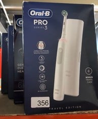 QTY OF ITEMS TO INCLUDE ORAL-B PRO 3 ELECTRIC TOOTHBRUSHES ADULTS, MOTHERS DAY GIFTS FOR HER / HIM, 1 TOOTHBRUSH HEAD & TRAVEL CASE, 3 MODES WITH TEETH WHITENING, 2 PIN UK PLUG, WHITE: LOCATION - B R