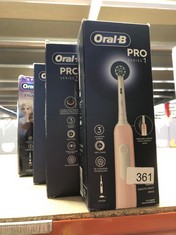 QTY OF ITEMS TO INCLUDE ORAL-B PRO 1 ELECTRIC TOOTHBRUSHES FOR ADULTS WITH 3D CLEANING, GIFTS FOR WOMEN / MEN, 1 TOOTHBRUSH HEAD, GUM PRESSURE CONTROL, 2 PIN UK PLUG, PINK: LOCATION - B RACK