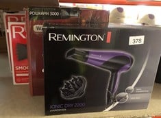 QTY OF ITEMS TO INCLUDE REMINGTON POWERFUL HAIR DRYER FOR PROFESSIONAL FAST STYLING WITH IONIC CONDITIONING FOR FRIZZ FREE HAIR - DIFFUSER & CONCENTRATOR ATTACHMENTS, 3 HEAT & 2 SPEED SETTINGS AND CO