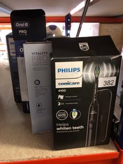 QTY OF ITEMS TO INCLUDE PHILIPS SONICARE 4100 - PHILIPS SONICARE ELECTRIC TOOTHBRUSH FOR ADULTS WITH 1 X PHILIPS W2 OPTIMAL WHITE SONIC BRUSH HEAD IN BLACK, SLIM TRAVEL CASE AND USB CHARGER (MODEL HX