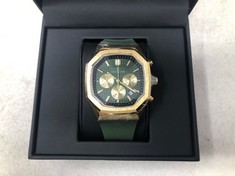 MENS LOUIS LACOMBE CHRONOGRAPH WATCH - 3 SUB DIALS - GOLD COLOUR CASE - GREEN RUBBER STRAP RRP £380: LOCATION - TABLES