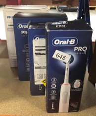 QTY OF ITEMS TO INCLUDE ORAL-B PRO 3 ELECTRIC TOOTHBRUSHES FOR ADULTS, GIFTS FOR WOMEN / MEN, 1 TOOTHBRUSH HEAD, 3 MODES WITH TEETH WHITENING, 2 PIN UK PLUG, 3000, WHITE: LOCATION - C RACK