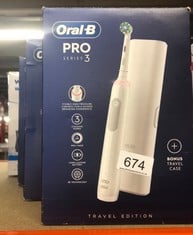 QTY OF ITEMS TO INCLUDE ORAL-B PRO 3 ELECTRIC TOOTHBRUSHES ADULTS, MOTHERS DAY GIFTS FOR HER / HIM, 1 TOOTHBRUSH HEAD & TRAVEL CASE, 3 MODES WITH TEETH WHITENING, 2 PIN UK PLUG, WHITE: LOCATION - C R