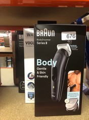 QTY OF ITEMS TO INCLUDE BRAUN BODY GROOMER 3, MANSCAPING TOOL FOR MEN WITH SKINSHIELD TECHNOLOGY, SENSITIVE COMB, WET & DRY, 100% WATERPROOF, UK 2 PIN PLUG, BG3350, BLACK/GREY: LOCATION - C RACK
