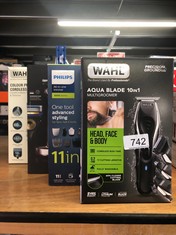 QTY OF ITEMS TO INCLUDE WAHL AQUA BLADE 10 IN 1 MULTIGROOMER, BEARD AND BODY TRIMMERS MEN, STUBBLE TRIMMING, BODY SHAVING, FACE AND BODY GROOMING, FULLY WASHABLE, MALE SET, BLACK: LOCATION - TABLES