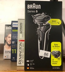 QTY OF ITEMS TO INCLUDE BRAUN SERIES 5 ELECTRIC SHAVER, FOIL SHAVER WITH 3 FLEXIBLE BLADES, 100% WATERPROOF FOR WET & DRY USE, 50-W1000S, BLACK: LOCATION - A RACK