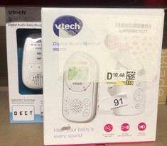 QTY OF ITEMS TO INCLUDE VTECH AM706-1W BABY MONITOR WITH LONG RANGE, UP TO 1,000FT, AUDIO BABY MONITOR WITH CLEAR SOUND, 2-WAY AUDIO TALK, BABY MONITOR WITH VIBRATING SOUND ALERT, GLOW-ON-CEILING NIG