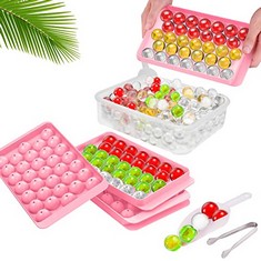 9 X MINYOON ICE CUBE TRAYS FOR FREEZER, 2 ROUND ICE MOLDS CUBE BALL MAKER WITH BIN SPOON TONG – MAKING 66PCS PELLET ICE TRAYS FANCY ICE CUBE TRAYS (PINK) - TOTAL RRP £130: LOCATION - A RACK