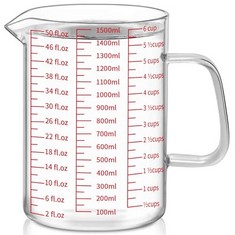15 X LUVAN GLASS MEASURING JUG 1.5L/6 CUP, EASY TO READ WITH 3 MEASUREMENT SCALES (ML/OZ/CUP), INSULATED HANDLE AND V-SHAPED SPOUT, HIGH BOROSILICATE GLASS MEASURING JUG, IDEAL FOR KITCHEN OR RESTAUR