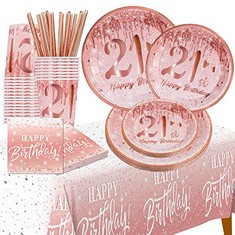 12 X JENLION HAPPY 21ST BIRTHDAY DECORATIONS FOR HER, ROSE GOLD BIRTHDAY SUPPLIES PLATES AND NAPKINS, CUPS, STRAWS, TABLECLOTH, TABLEWARE FOR 24 GUESTS(TOTAL 121 PCS) - TOTAL RRP £231: LOCATION - B R