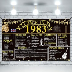 19 X MOREOVER 40TH BIRTHDAY PARTY DECORATIONS,BACK IN 1983 BANNER 40 YEAR OLD BIRTHDAY PARTY POSTER SUPPLIES VINTAGE 1983 BACKDROP PHOTOGRAPHY BACKGROUND FOR MEN & WOMEN - TOTAL RRP £206: LOCATION -