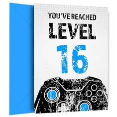 42 X HEY CHIMP GAMER 16TH BIRTHDAY CARD FOR BOY - BLACK & BLUE REACHED LEVEL 16 BDAY CARD FOR SON, GREAT GRANDSON, NEPHEW OR BROTHER. GAMING HAPPY BIRTHDAY CARD FOR 16 - TOTAL RRP £105: LOCATION - C