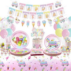QTY OF ASSORTED ITEMS TO INCLUDE ICE CREAM PARTY SUPPLIES. PLATES.CUPS, NAPKINS, TABLECOVER, HAPPY BIRTHDAY BANNER, BALLOONS. : LOCATION - D RACK