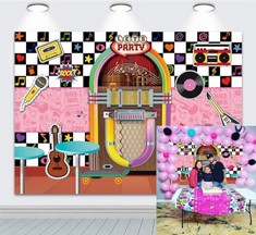 QTY OF ASSORTED ITEMS TO INCLUDE RETRO ROCK PARTY BACKDROP FOR BIRTHDAYS. PARTY DECORATION. : LOCATION - D RACK