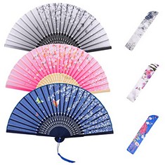 47 X VAKTOP HAND FAN FOLDING, 3PCS HANDHELD FAN FOLDING, FABRIC HAND FANS FOR WOMEN FOLDING WITH TASSEL AND FANS BAG - FOR DANCING, COSPLAY PROPS, WEDDING, BIRTHDAY GIFTS (PINK, DARK BLUE, BLACK) - T