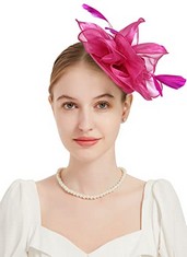 105 X QDC FASCINATORS HAT FOR WOMEN ORGANZA FLOWER COCKTAIL TEA PARTY HEADWEAR WEDDING DERBY CHURCH MESH RIBBON FEATHERS HAIR CLIP FOR GIRLS (ROSE RED) - TOTAL RRP £611: LOCATION - F RACK