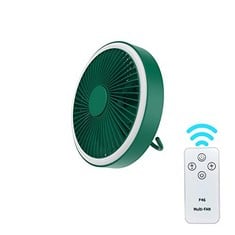 14 X ZELAXY FAN FOR CAMPING WITH LIGHT HANGING OVER HEAD SMALL SIZE CEILING FAN RECHARGEABLE HAND FAN OUTDOOR HOME HANDS FREE SUMMER COOLING SUPPLIES - GREEN - TOTAL RRP £175: LOCATION - G RACK