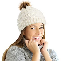 13 X WINTER POM BEANIE HAT FOR WOMEN KNITTED SLOUCHY BOBBLE HAT LADIES WINTER SOFT STRETCH BOBBLE SKI CAP HATS WITH FAUX FUR POM POM WHITE - TOTAL RRP £108: LOCATION - G RACK