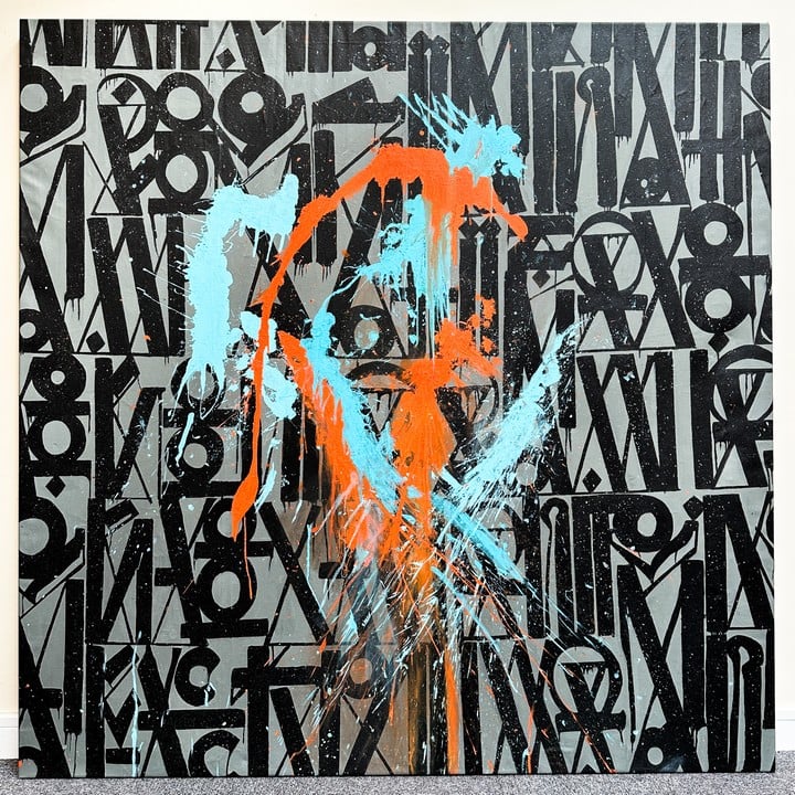 Orange And Blue Splatter Style Canvas Painting 211x211cm (VAT ONLY PAYABLE ON BUYERS PREMIUM)